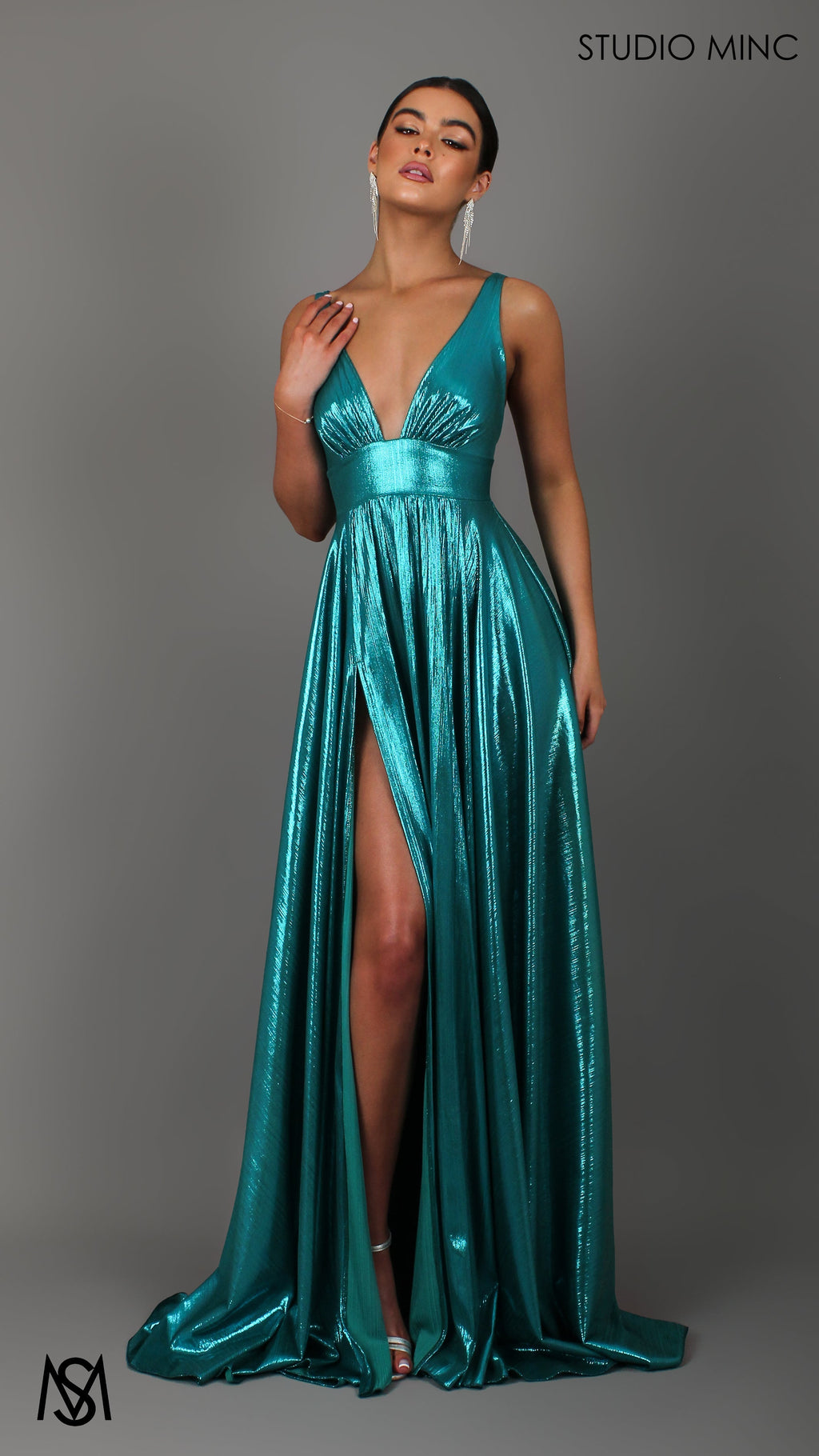 Lustre - Teal Formal Dress, Metallic V Plunge Neckline with leg Split