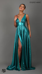 Lustre - Teal Formal Dress, Metallic V Plunge Neckline with leg Split