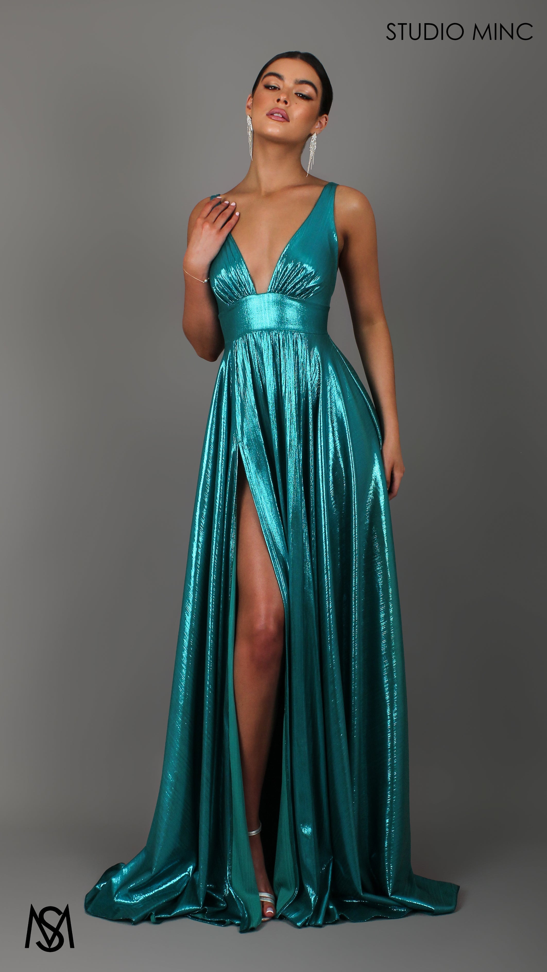Lustre - Teal Formal Dress, Metallic V Plunge Neckline with leg Split