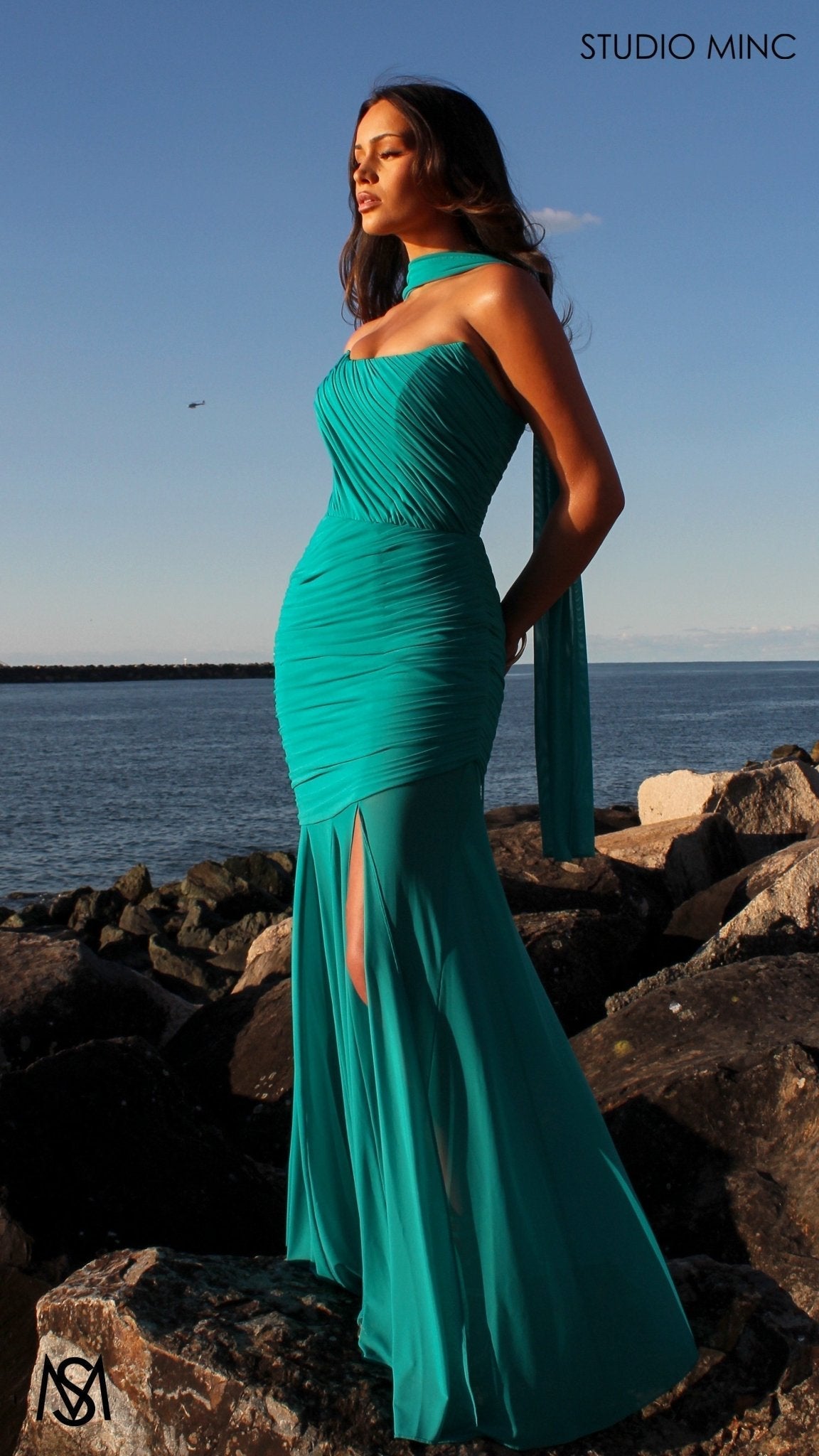 Paloma - Teal Formal Dress, Strapless Corset mermaid, Sheer net, with Scarf