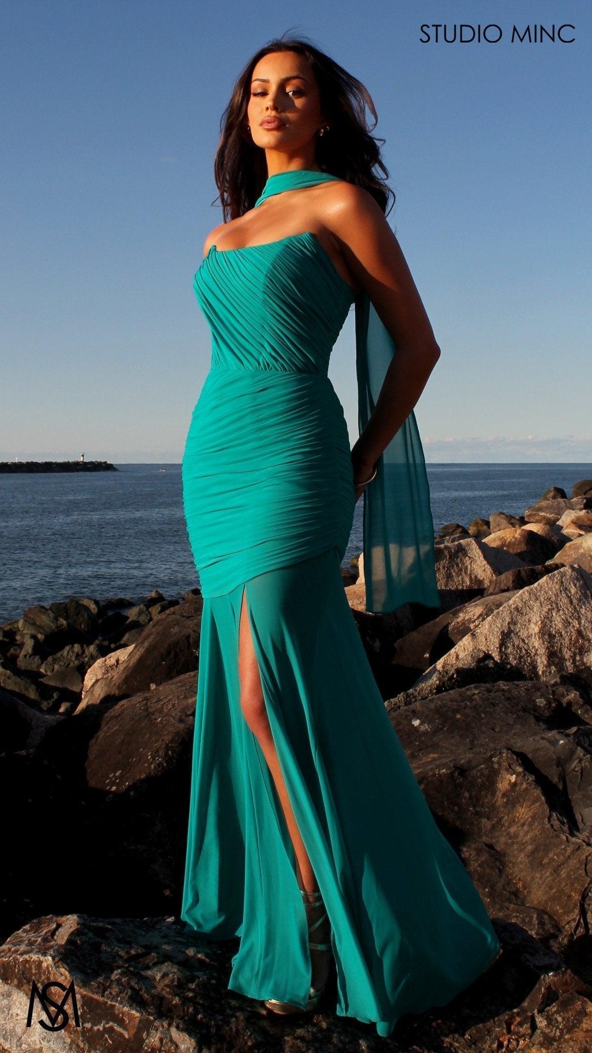 Paloma - Teal Formal Dress, Strapless Corset mermaid, Sheer net, with Scarf