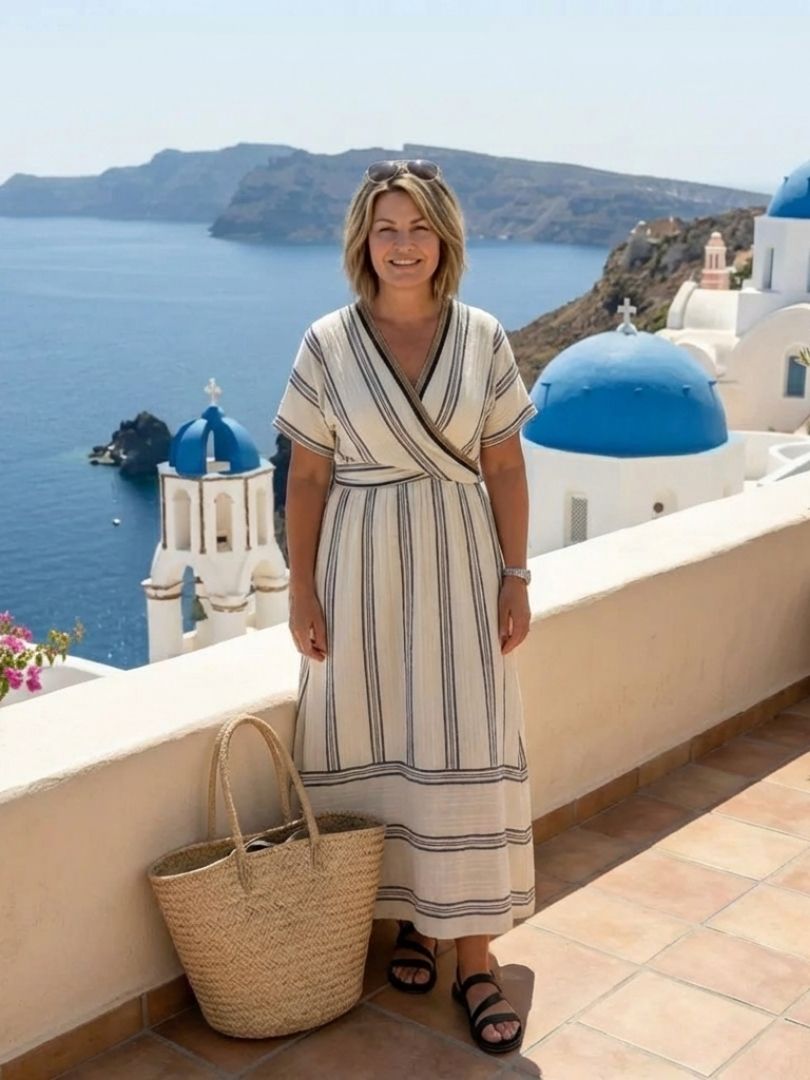 Thalassa | V Neck Short Sleeve Wrap Waist Linen Midi Dress