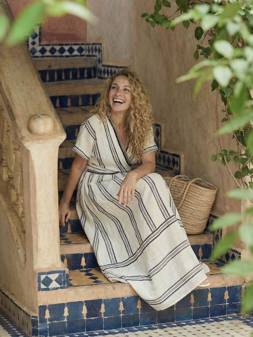 Thalassa | V Neck Short Sleeve Wrap Waist Linen Midi Dress