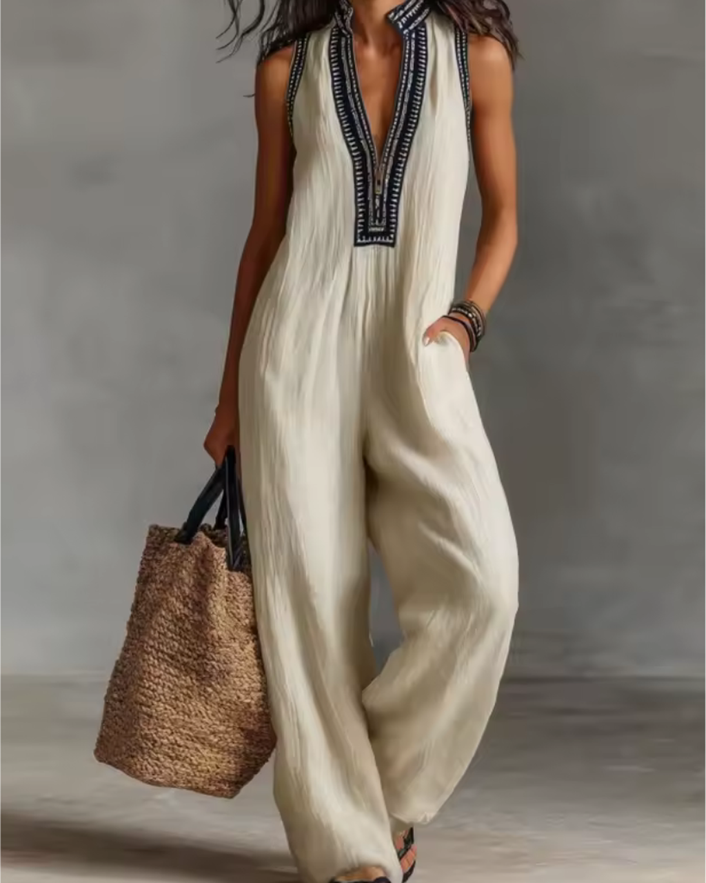 Urban Chic – White Jumpsuit for Women with High Neck & Zip Closure