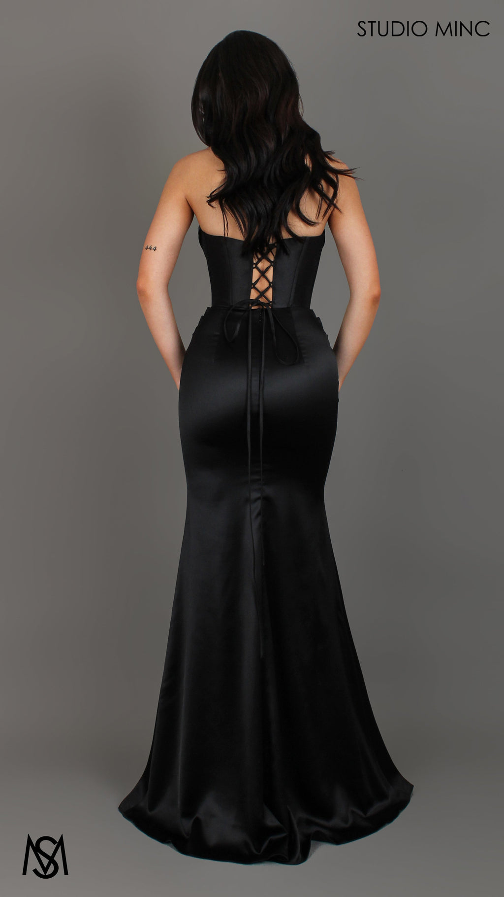 Verite - Black Formal Dress, Strapless Corset Beaded Bra Cups, fitted satin draped skirt