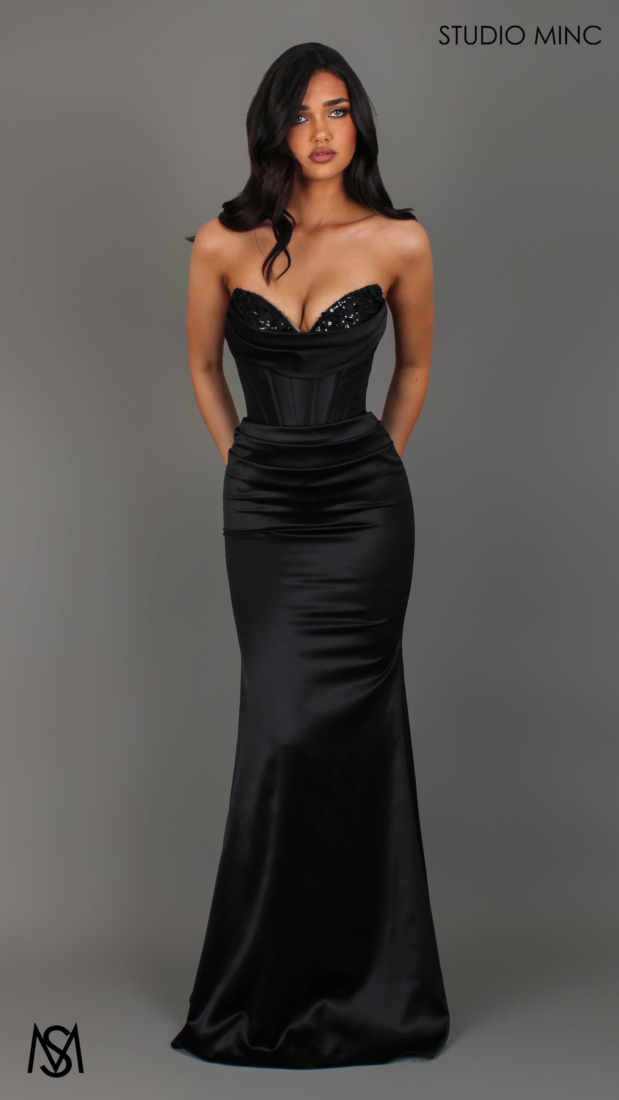Verite - Black Formal Dress, Strapless Corset Beaded Bra Cups, fitted satin draped skirt
