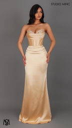 Verite - Gold Formal Dress, Strapless Corset Beaded Bra Cups, fitted satin draped skirt