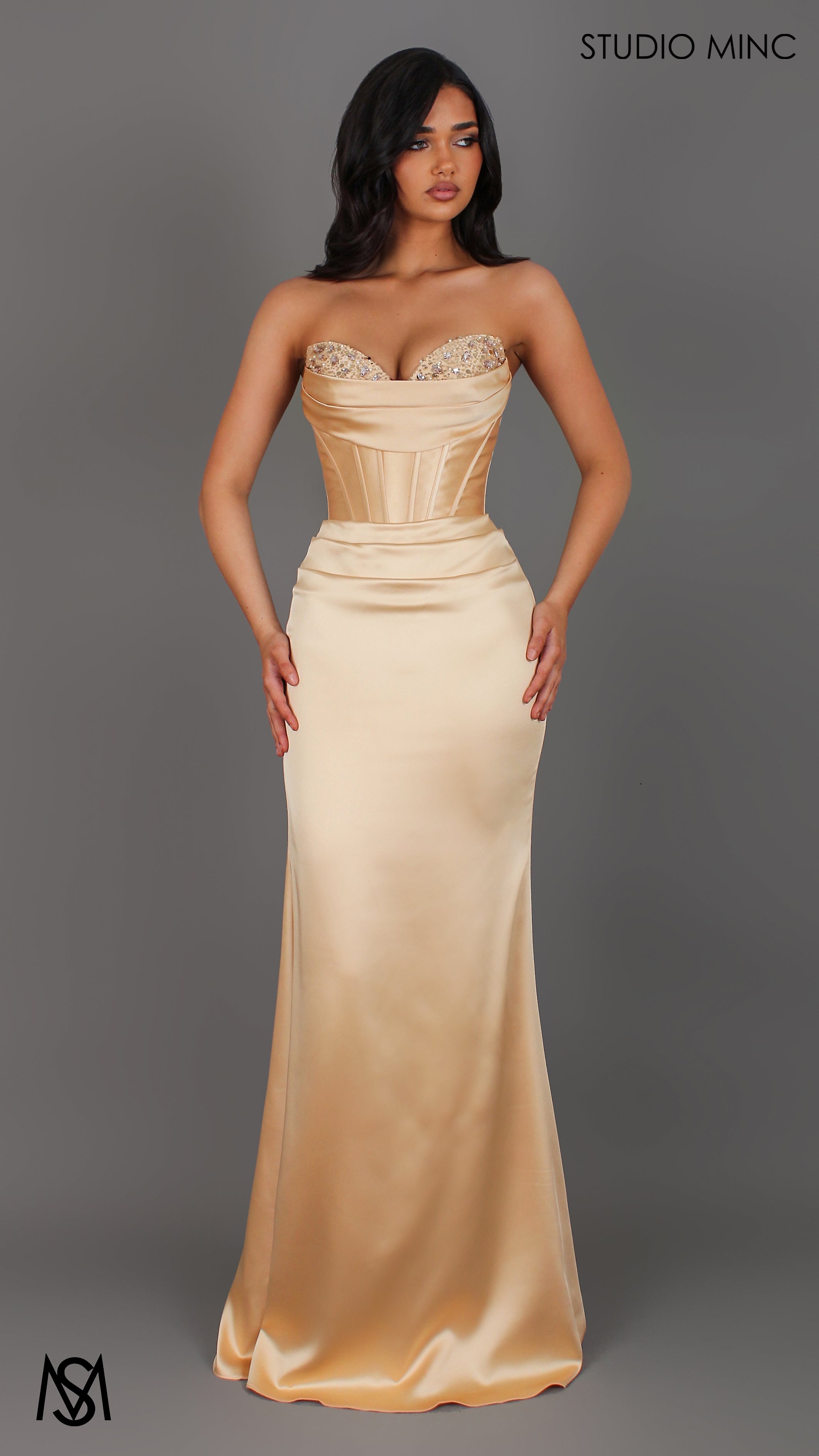 Verite - Gold Formal Dress, Strapless Corset Beaded Bra Cups, fitted satin draped skirt