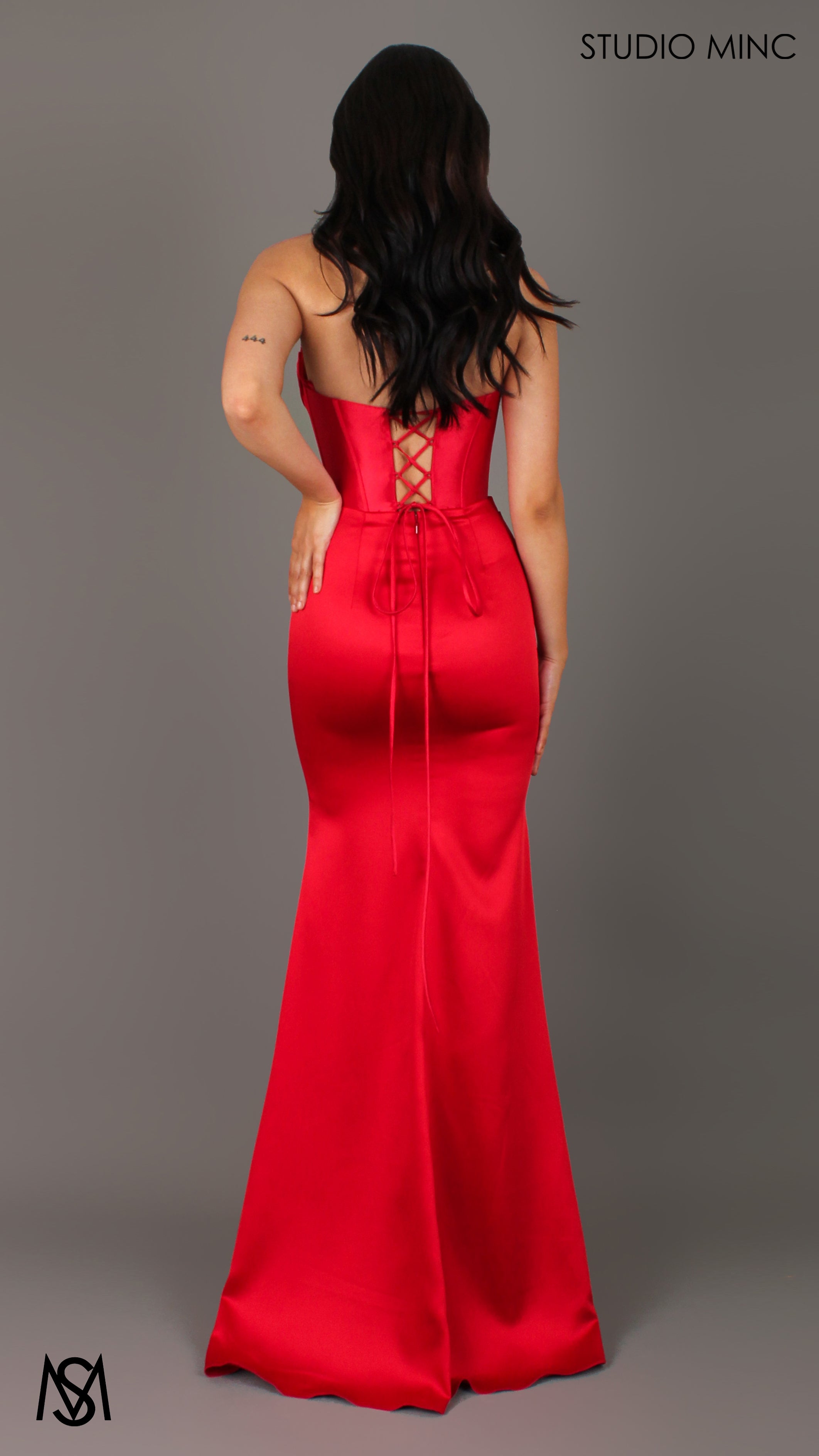 Verite - Red Formal Dress, Strapless Corset Beaded Bra Cups, fitted satin draped skirt