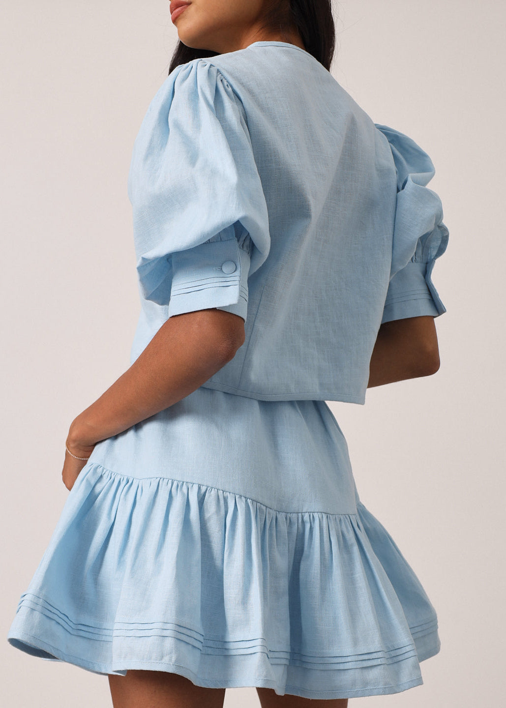 Laney Tiered Frill Linen Set | Pastel Blue