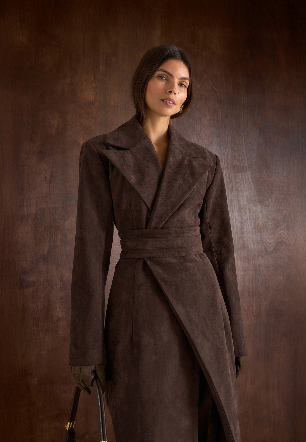 Mesma - Suede Asymmetric Coat with Cinch Belt - Brown