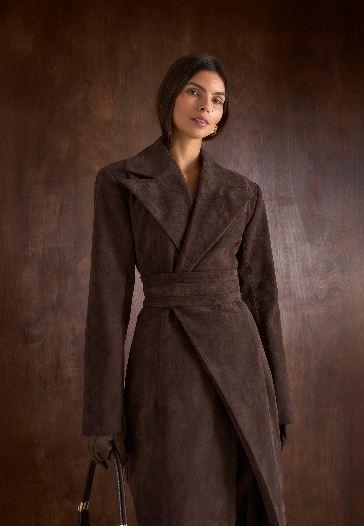 Mesma - Suede Asymmetric Coat with Cinch Belt - Brown