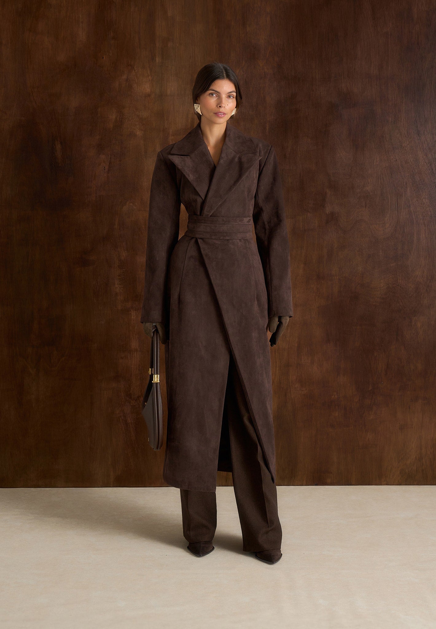 Mesma - Suede Asymmetric Coat with Cinch Belt - Brown