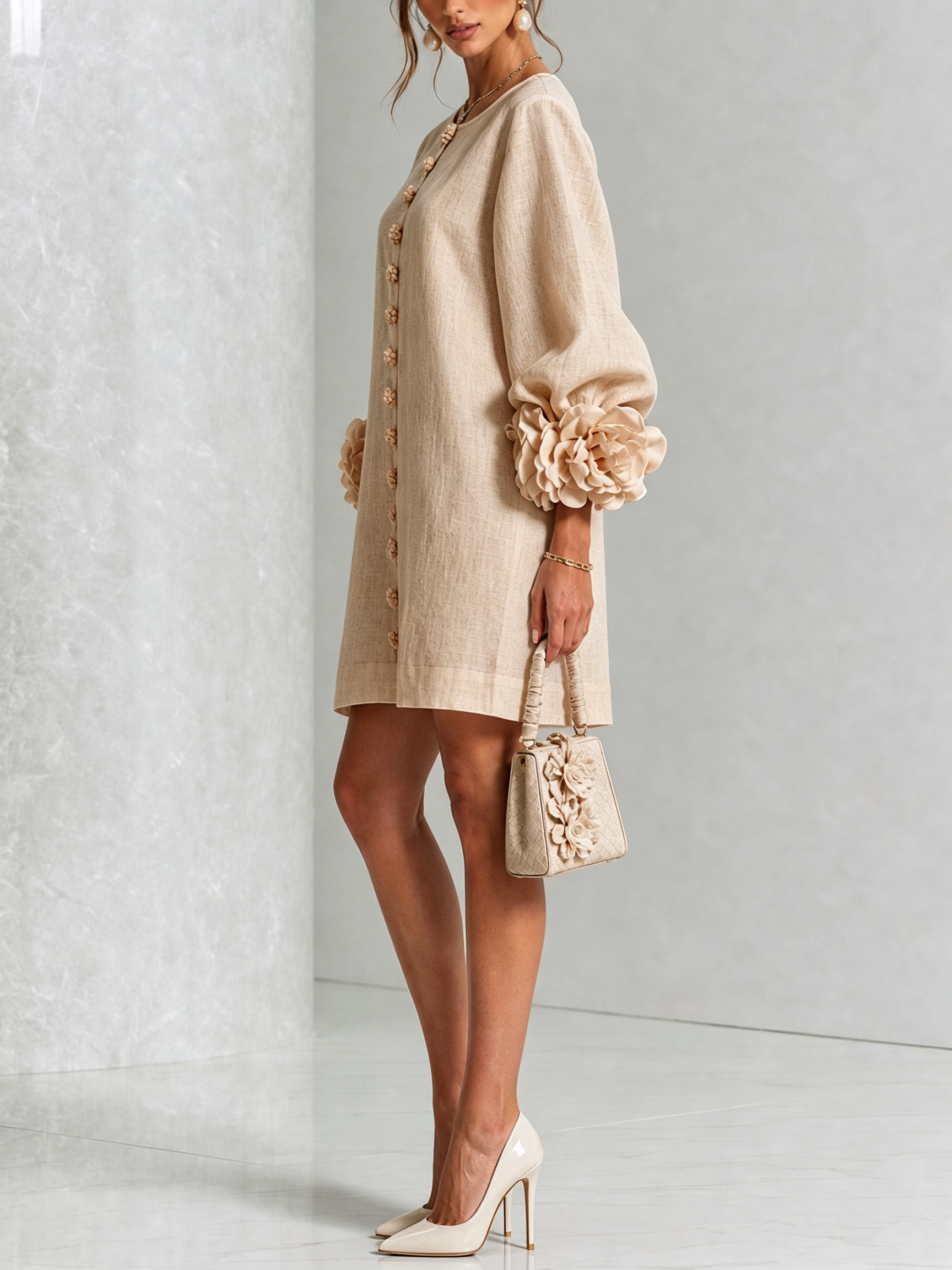 Floral Button-down Linen Blend Mini Dress With Striking Floral Cuffs