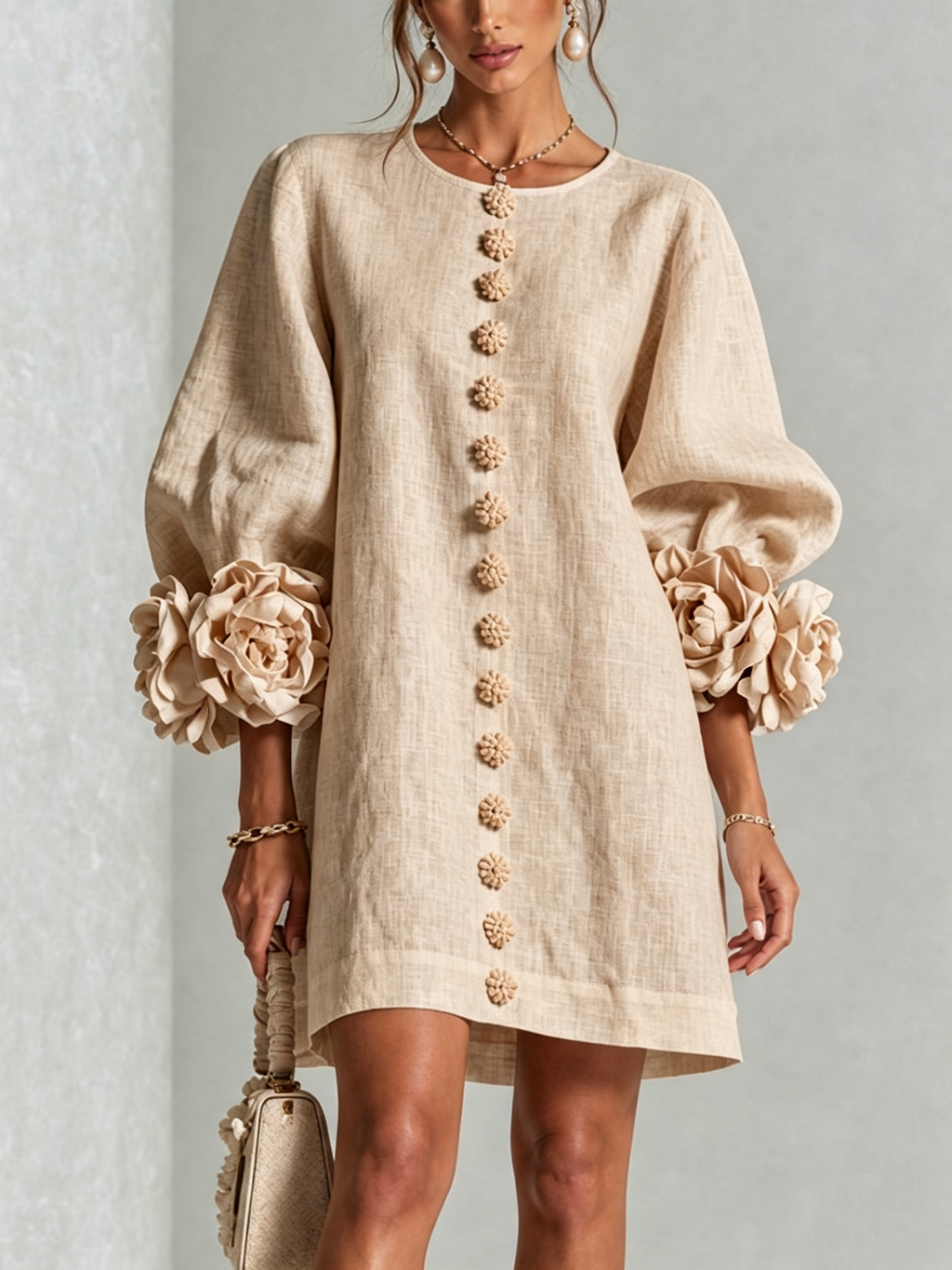 Floral Button-down Linen Blend Mini Dress With Striking Floral Cuffs
