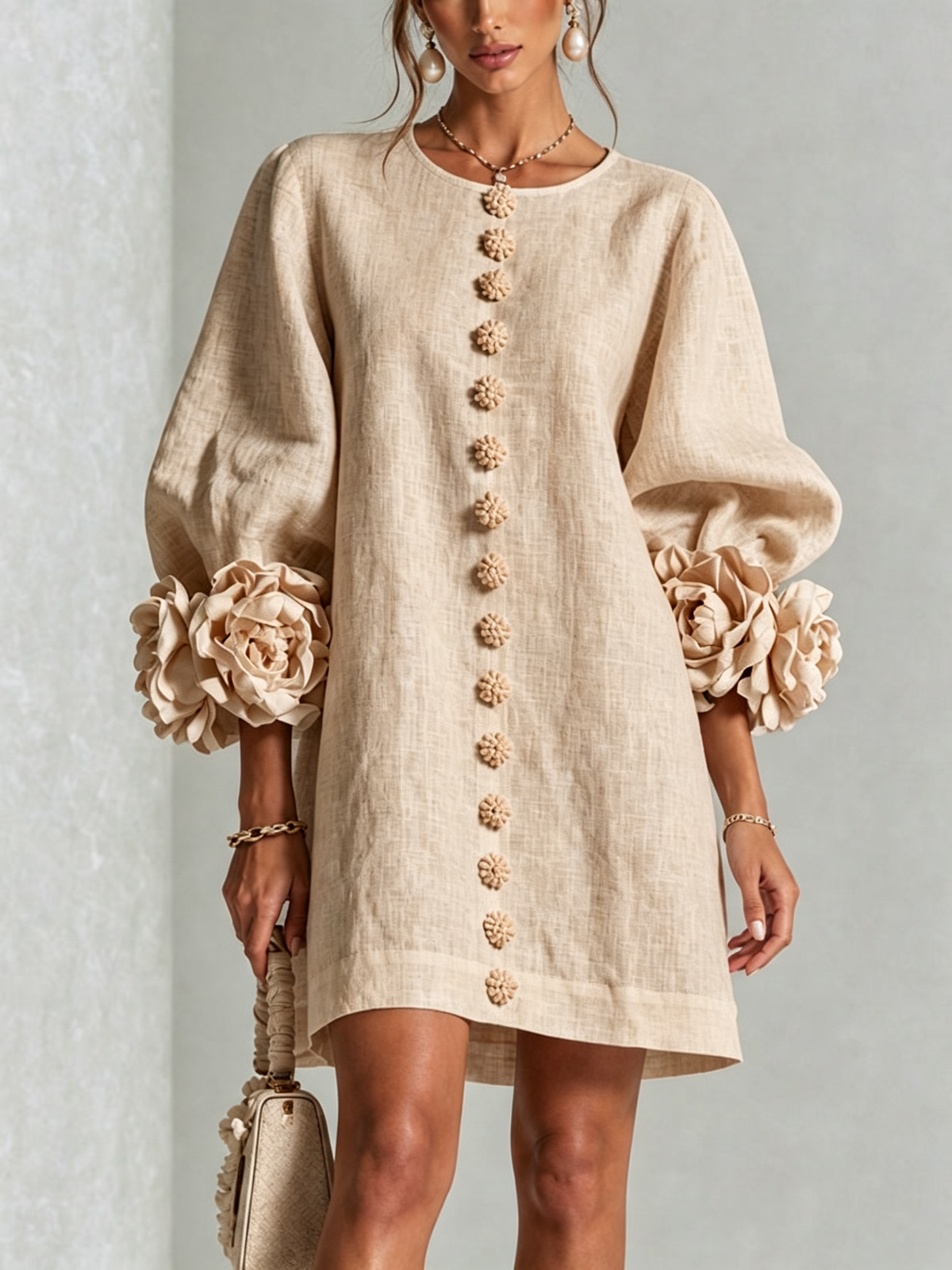 Floral Button-down Linen Blend Mini Dress With Striking Floral Cuffs