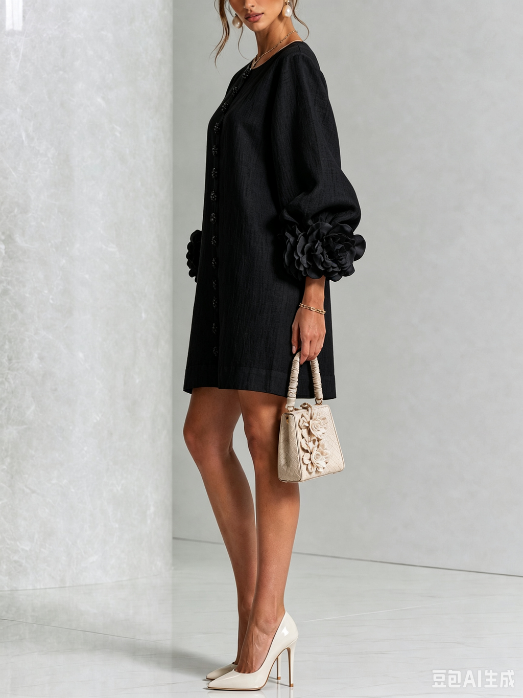 Floral Button-down Linen Blend Mini Dress With Striking Floral Cuffs