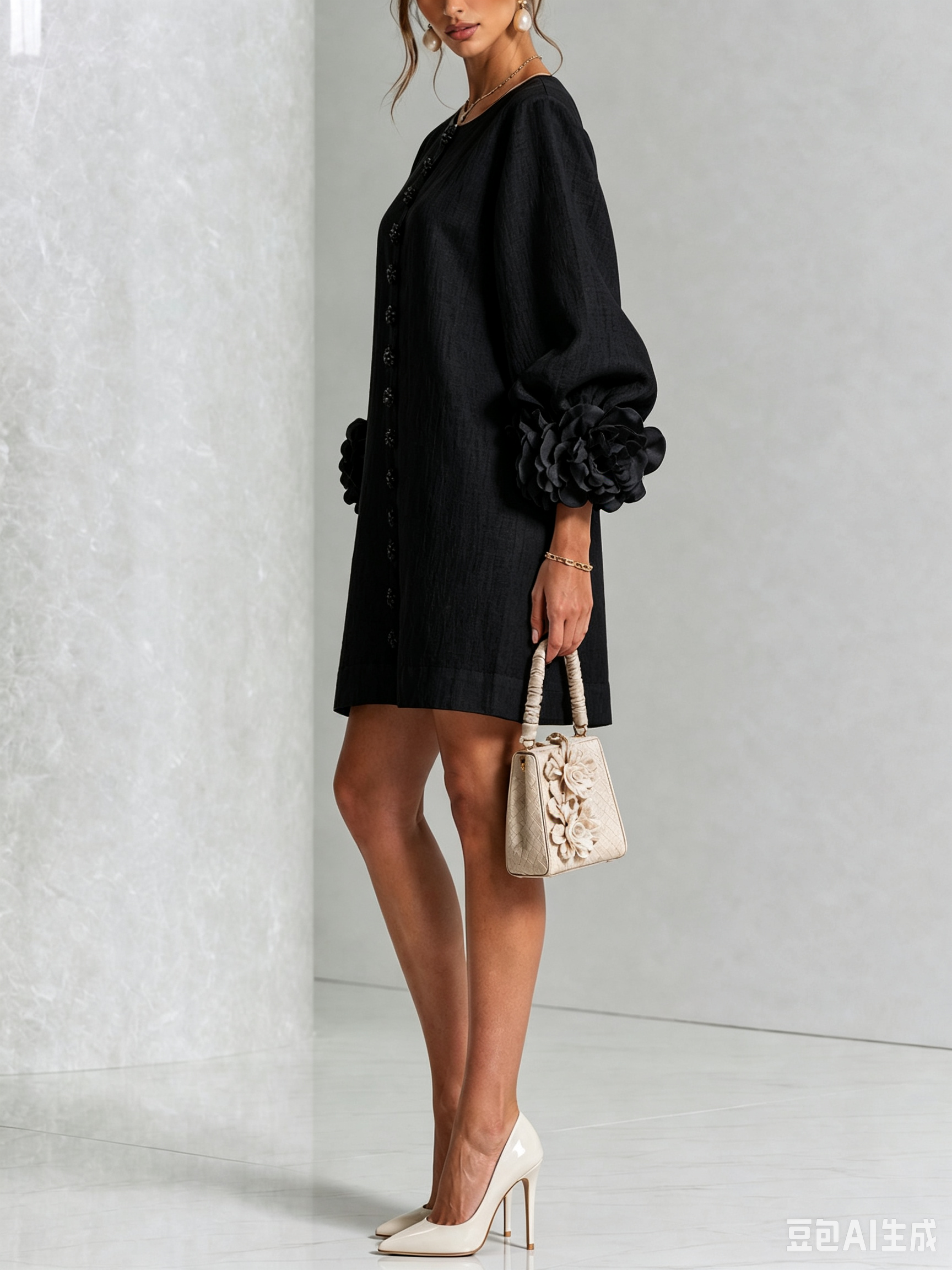 Floral Button-down Linen Blend Mini Dress With Striking Floral Cuffs