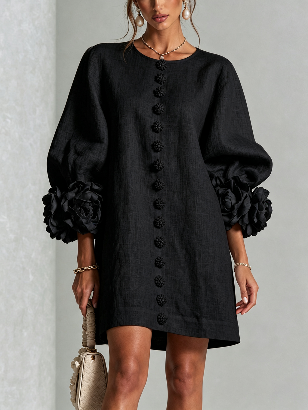 Floral Button-down Linen Blend Mini Dress With Striking Floral Cuffs