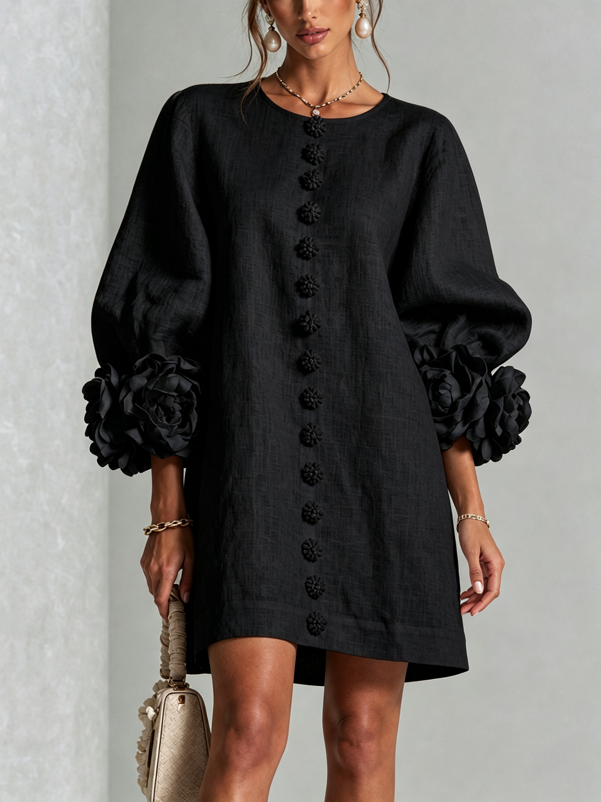Floral Button-down Linen Blend Mini Dress With Striking Floral Cuffs