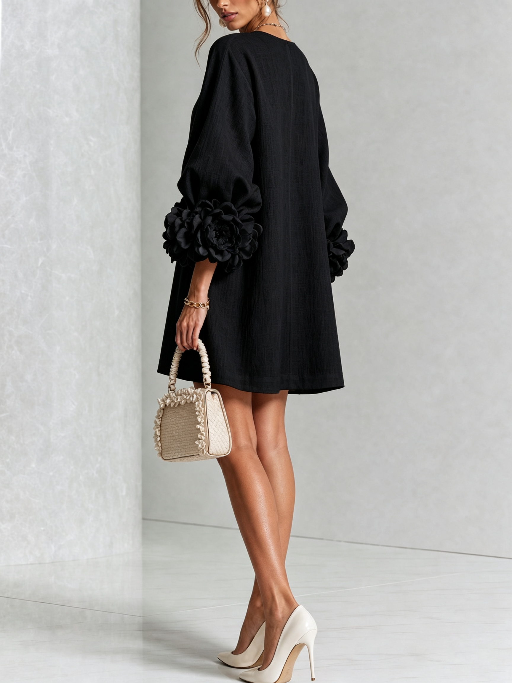 Floral Button-down Linen Blend Mini Dress With Striking Floral Cuffs