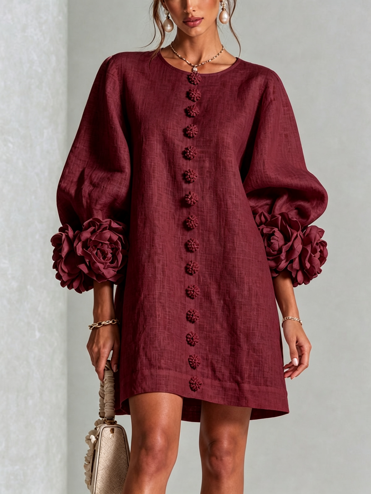 Floral Button-down Linen Blend Mini Dress With Striking Floral Cuffs