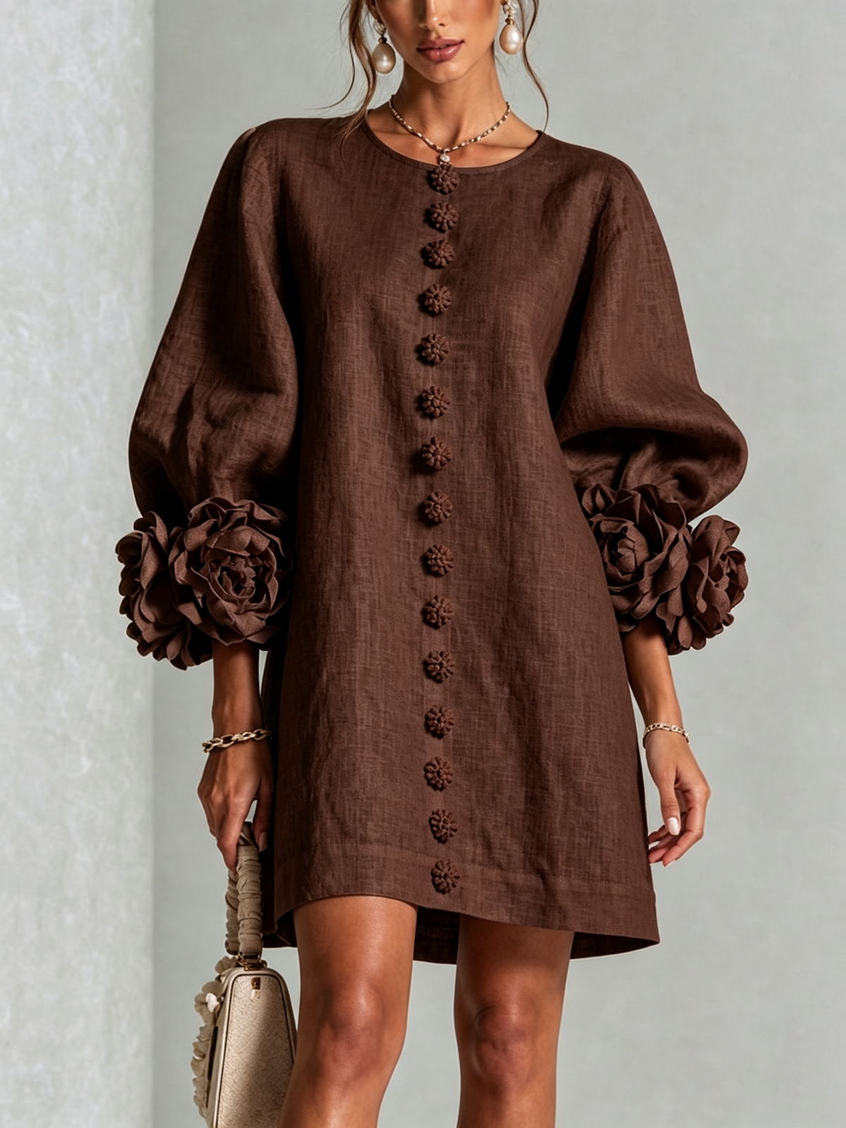 Floral Button-down Linen Blend Mini Dress With Striking Floral Cuffs