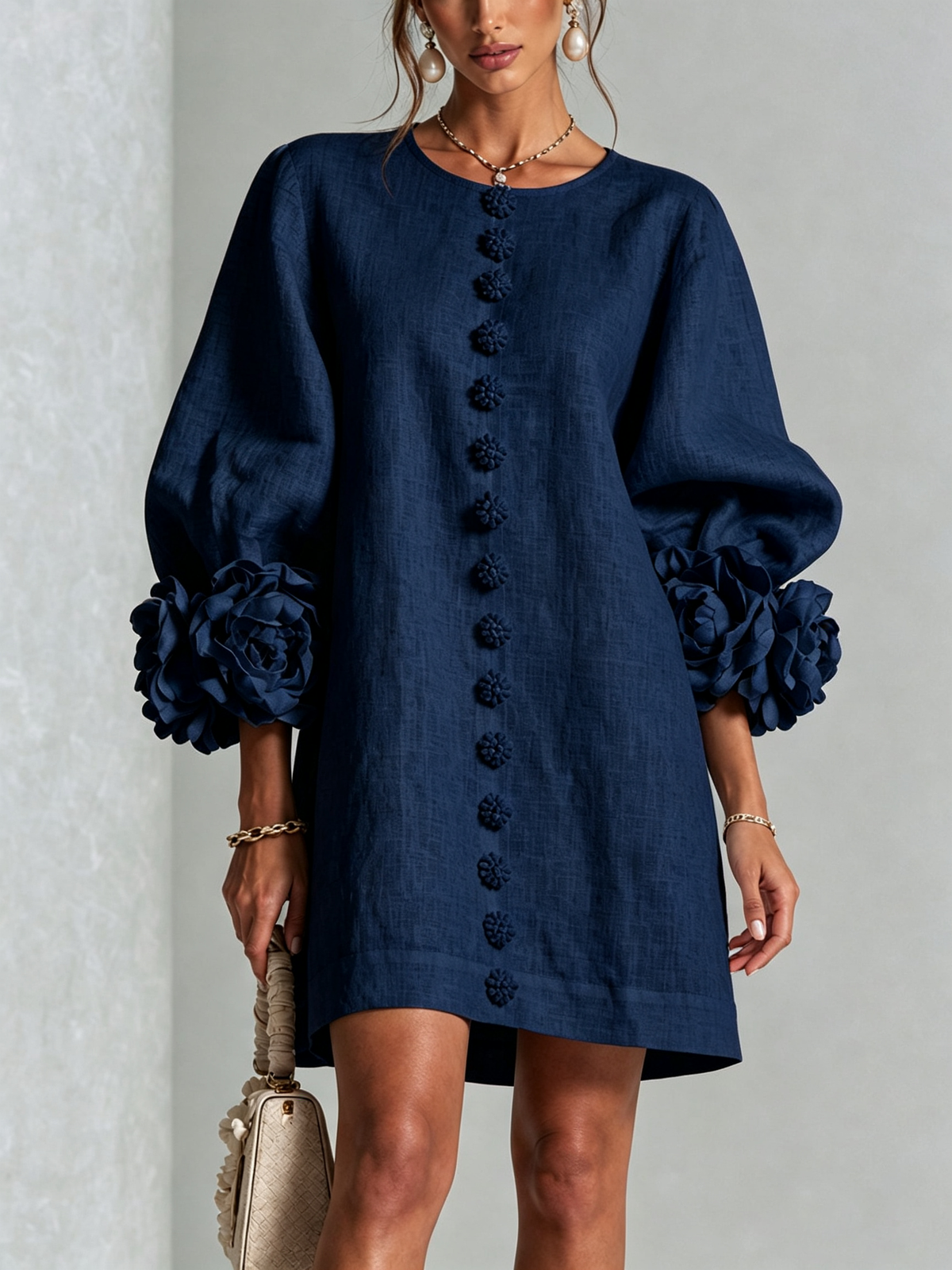 Floral Button-down Linen Blend Mini Dress With Striking Floral Cuffs