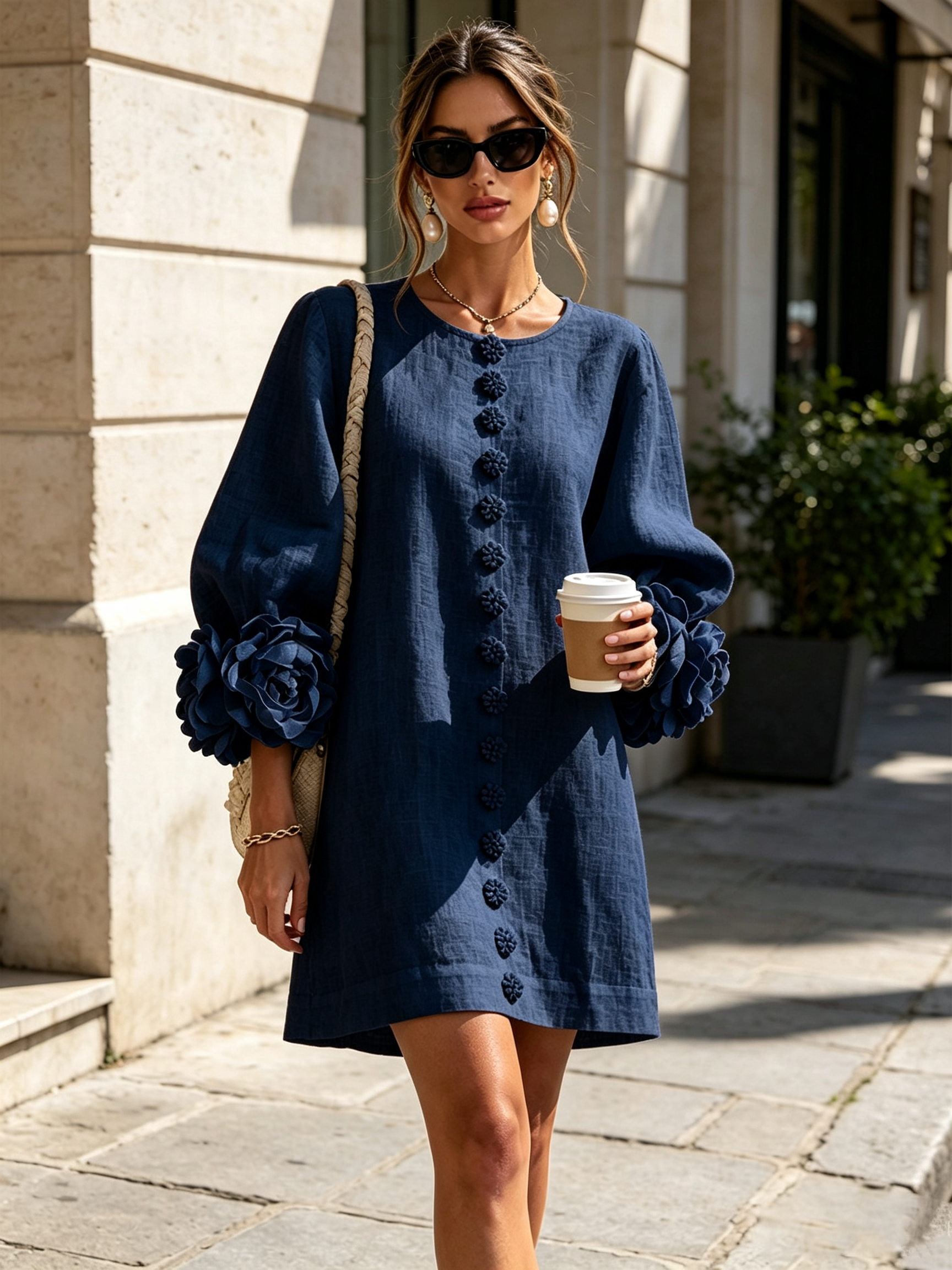 Floral Button-down Linen Blend Mini Dress With Striking Floral Cuffs