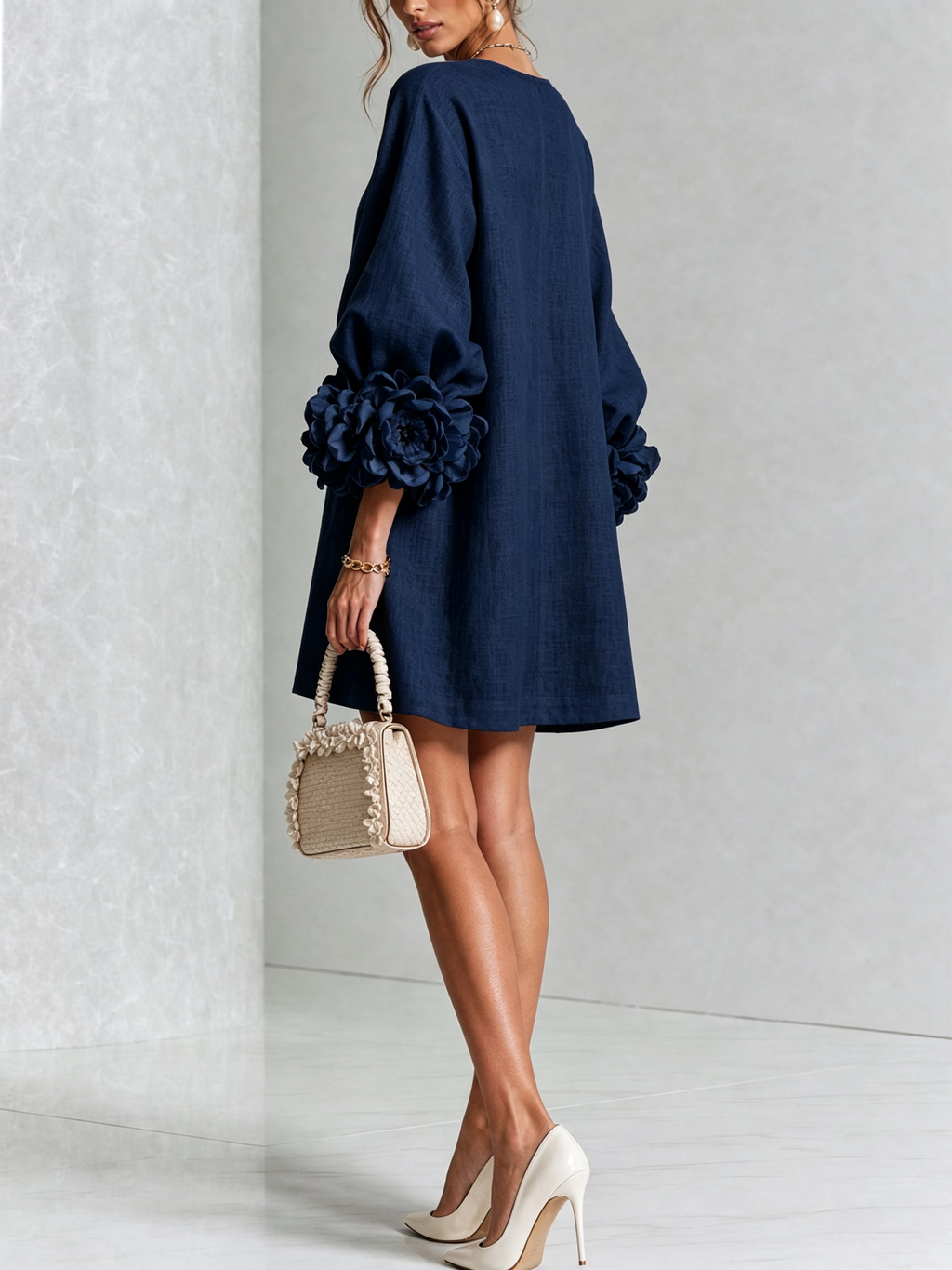 Floral Button-down Linen Blend Mini Dress With Striking Floral Cuffs