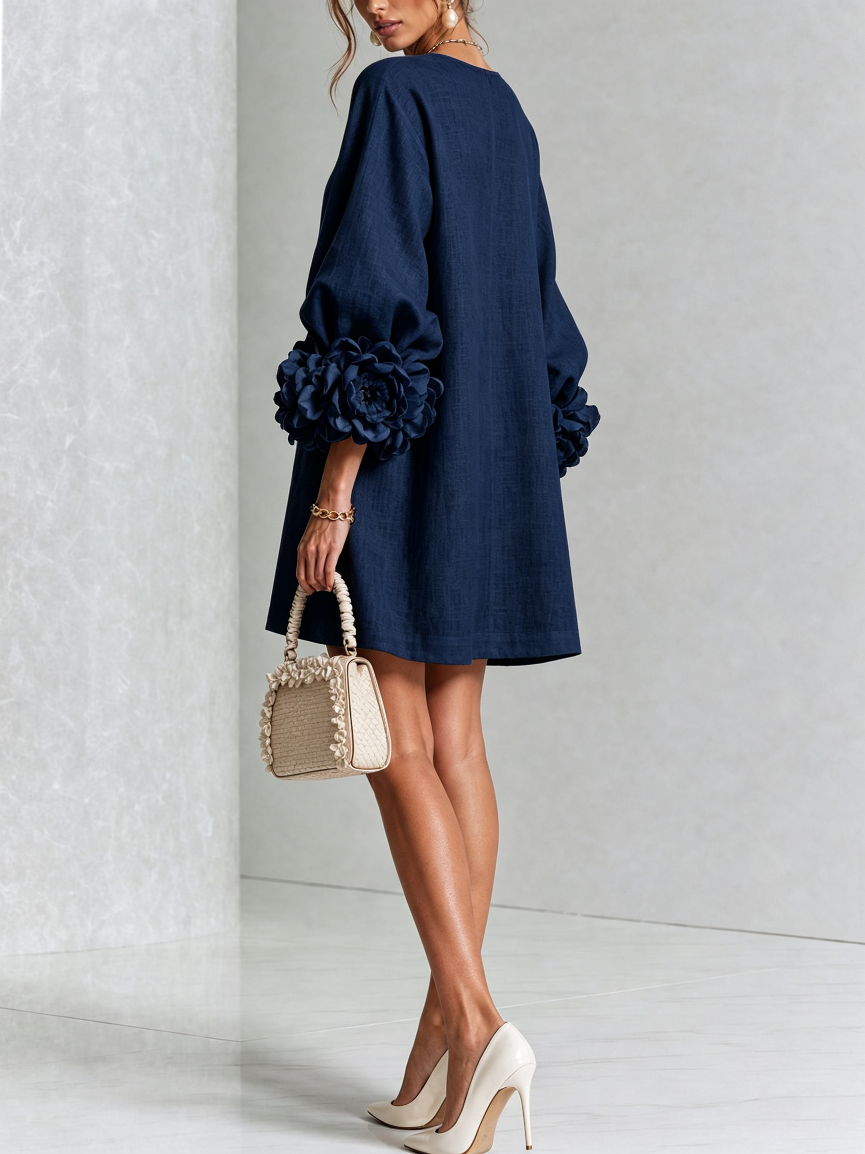 Floral Button-down Linen Blend Mini Dress With Striking Floral Cuffs