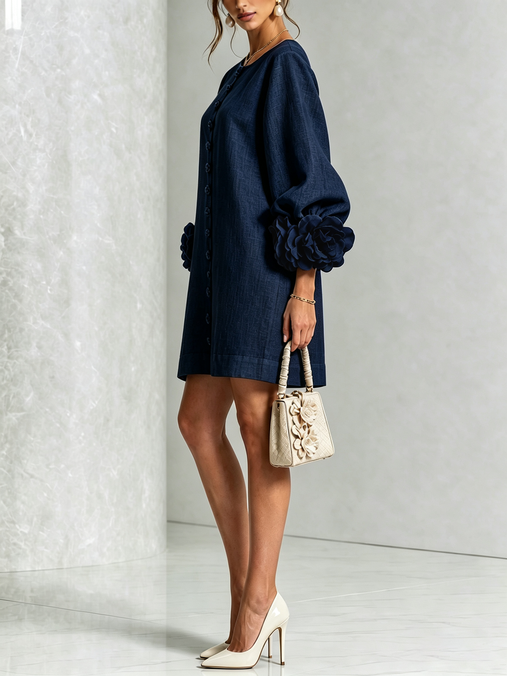 Floral Button-down Linen Blend Mini Dress With Striking Floral Cuffs
