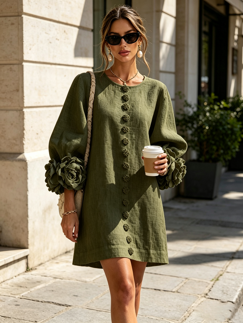 Floral Button-down Linen Blend Mini Dress With Striking Floral Cuffs