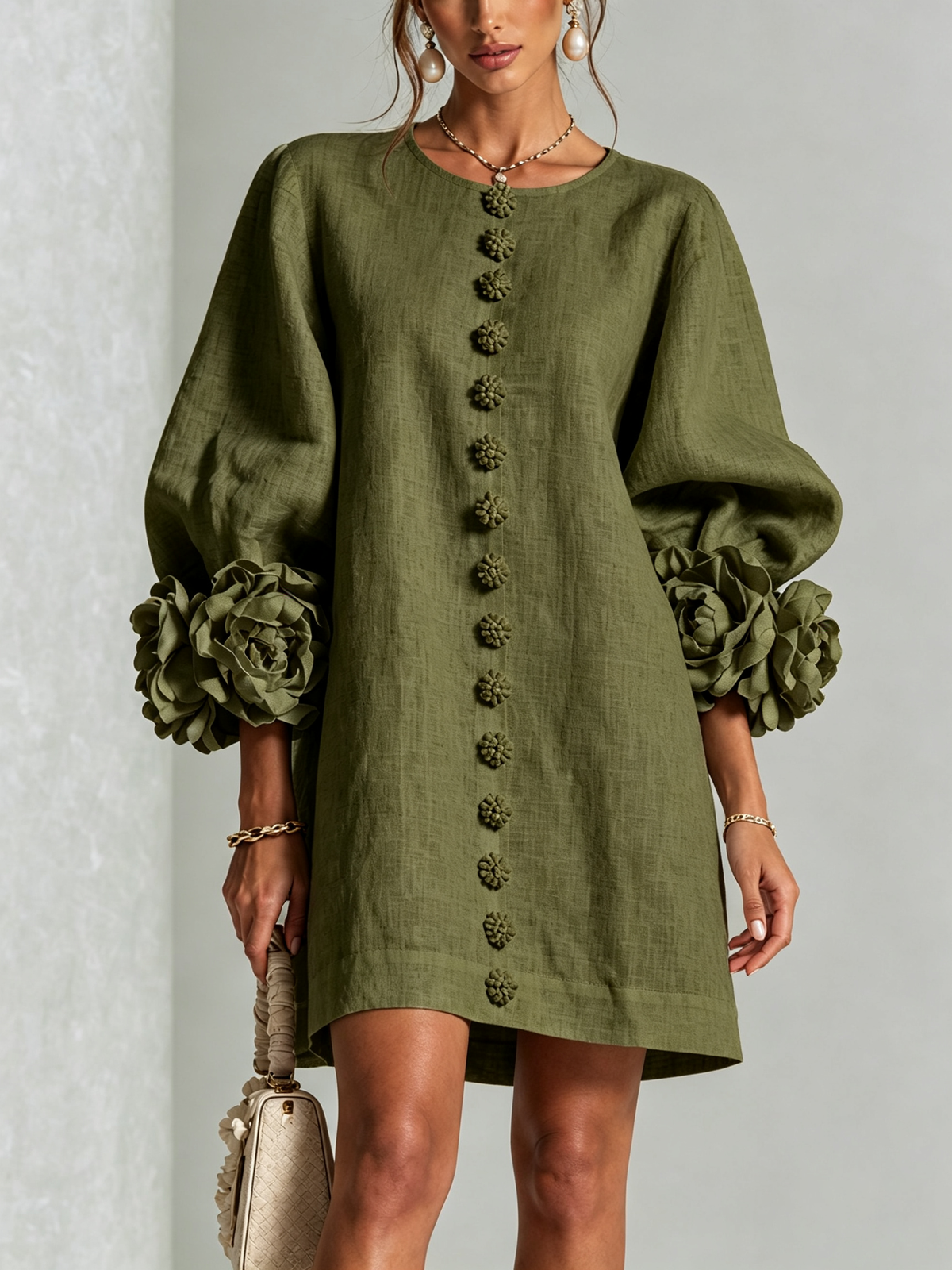 Floral Button-down Linen Blend Mini Dress With Striking Floral Cuffs