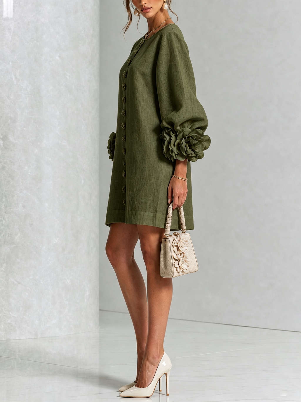 Floral Button-down Linen Blend Mini Dress With Striking Floral Cuffs