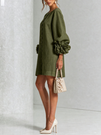 Floral Button-down Linen Blend Mini Dress With Striking Floral Cuffs