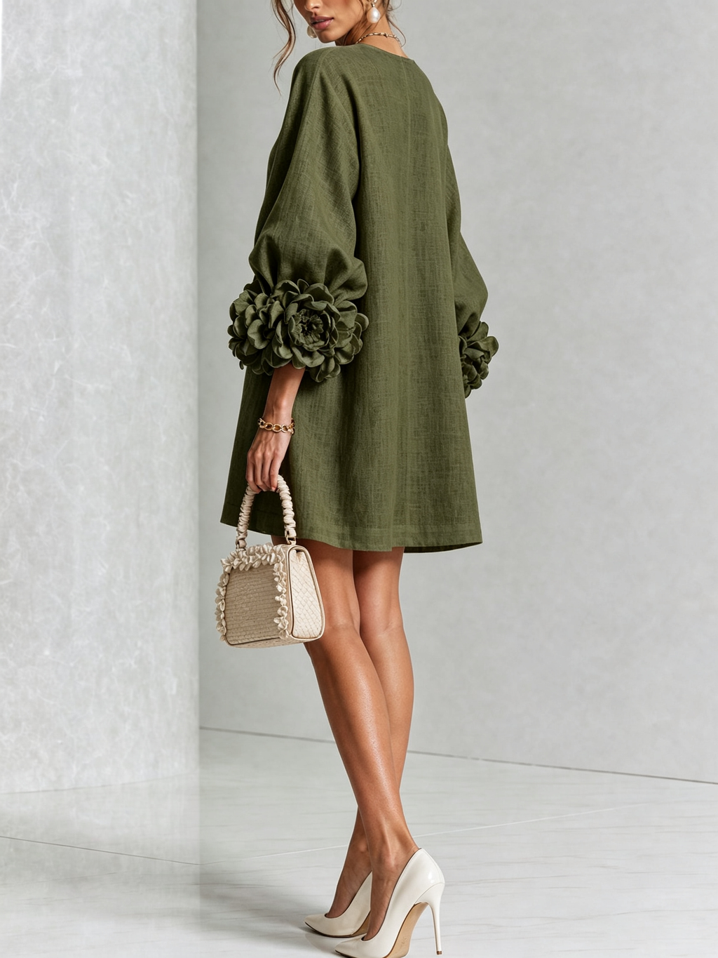 Floral Button-down Linen Blend Mini Dress With Striking Floral Cuffs