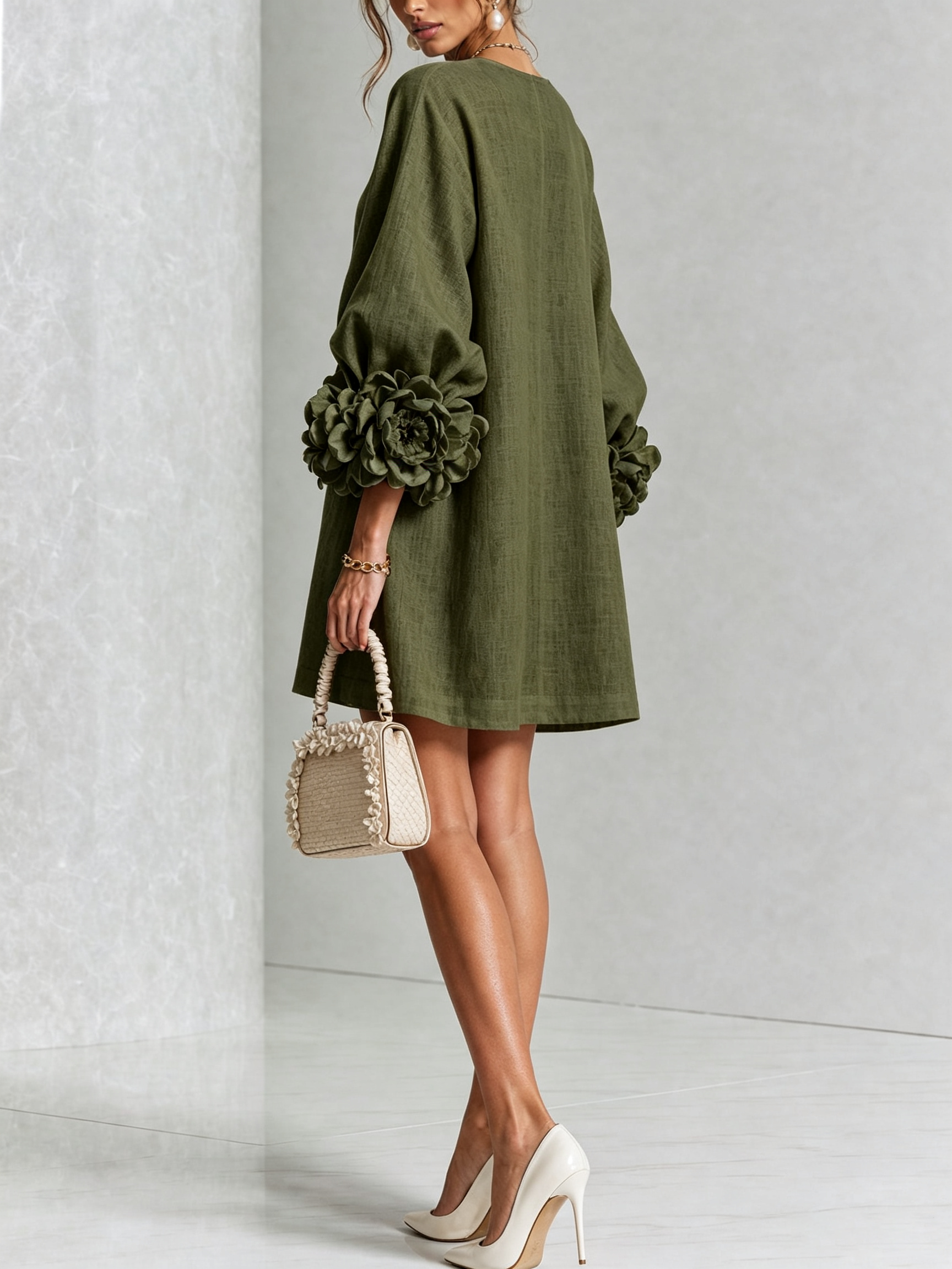 Floral Button-down Linen Blend Mini Dress With Striking Floral Cuffs