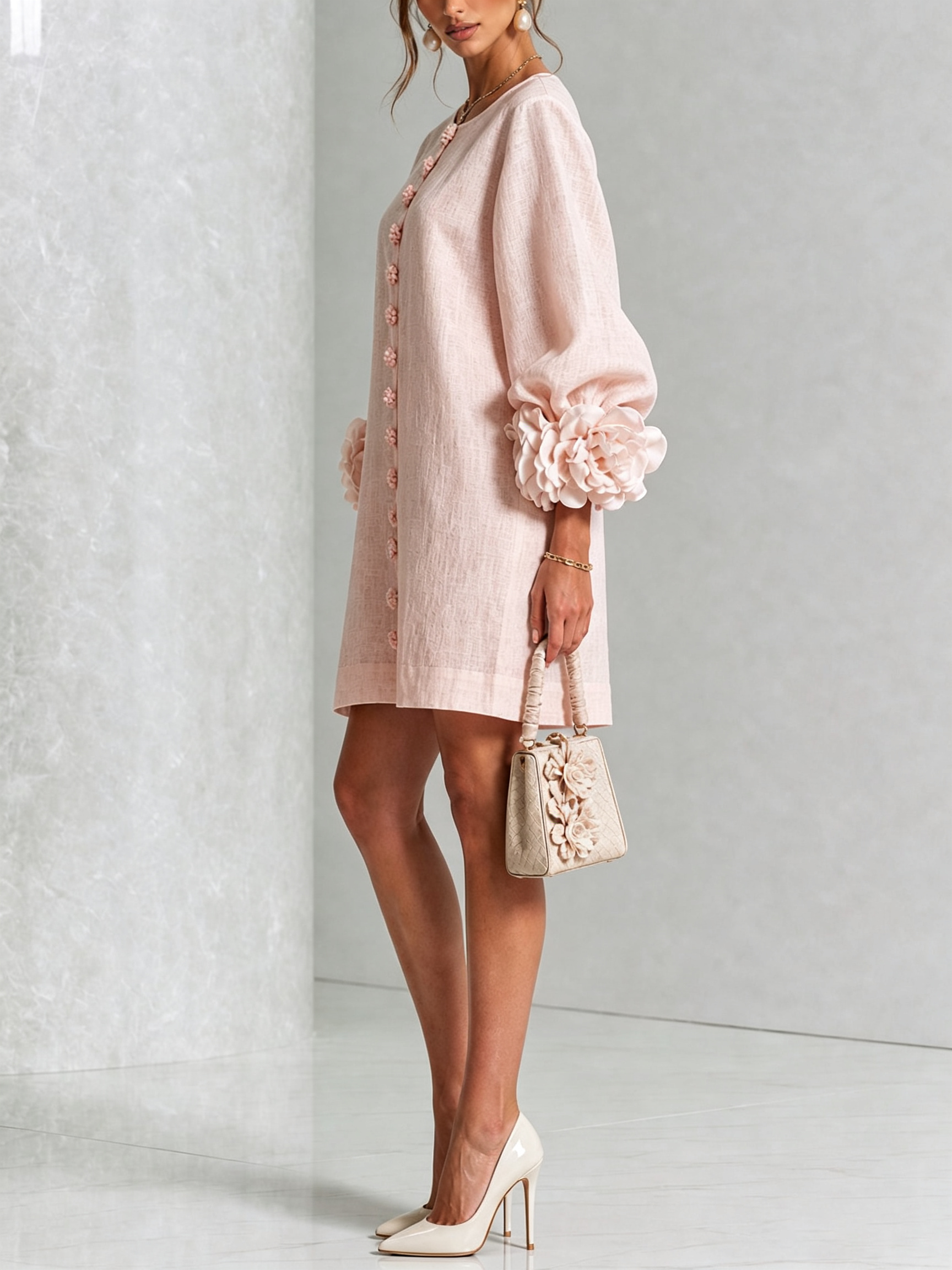 Floral Button-down Linen Blend Mini Dress With Striking Floral Cuffs