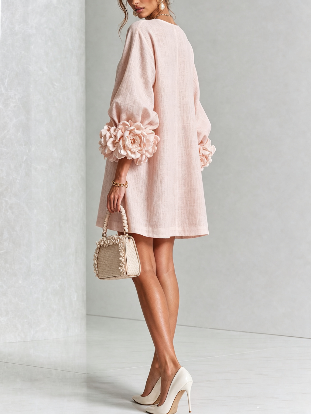 Floral Button-down Linen Blend Mini Dress With Striking Floral Cuffs