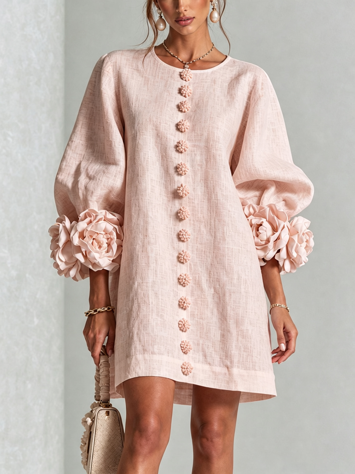 Floral Button-down Linen Blend Mini Dress With Striking Floral Cuffs