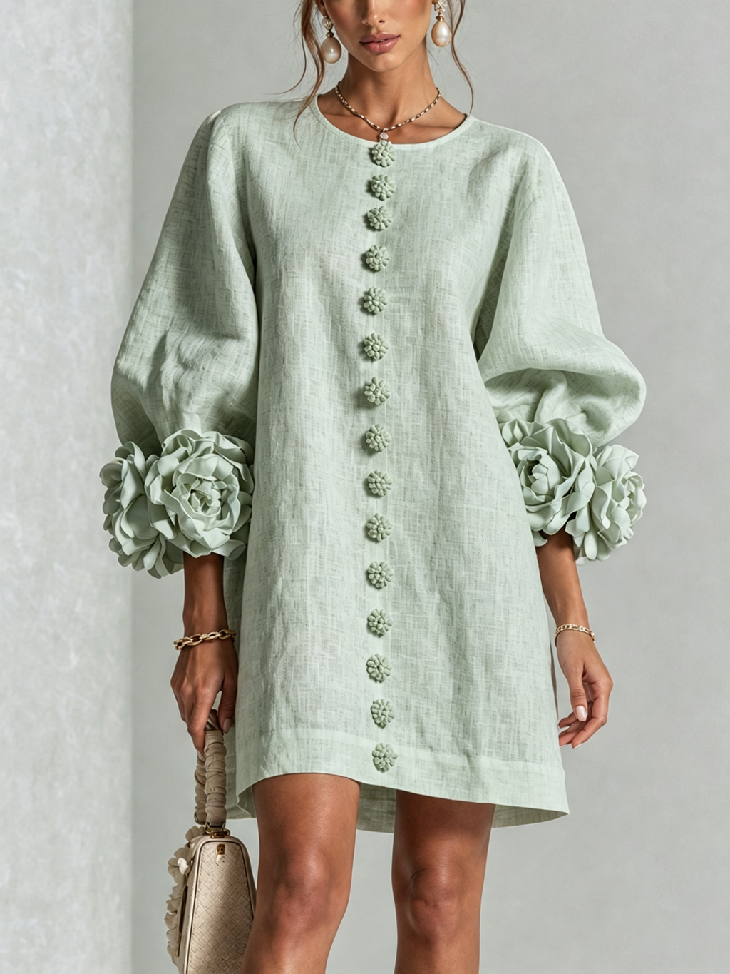 Floral Button-down Linen Blend Mini Dress With Striking Floral Cuffs