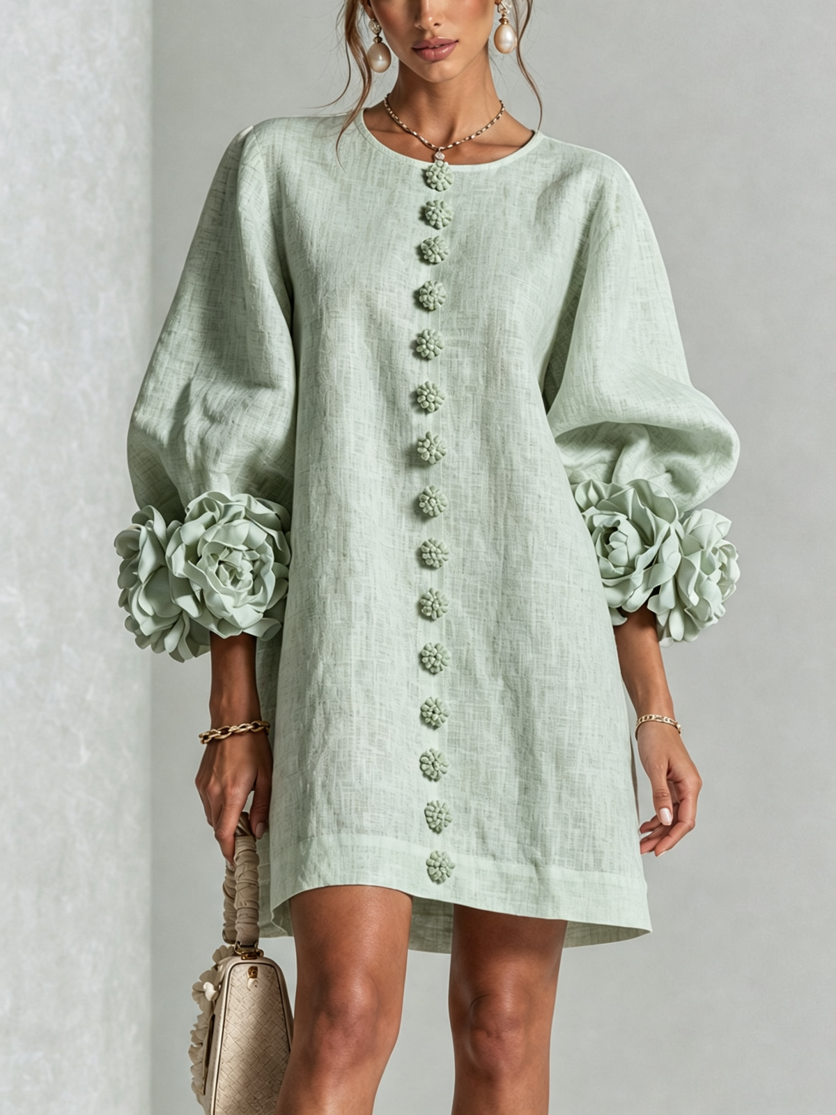 Floral Button-down Linen Blend Mini Dress With Striking Floral Cuffs