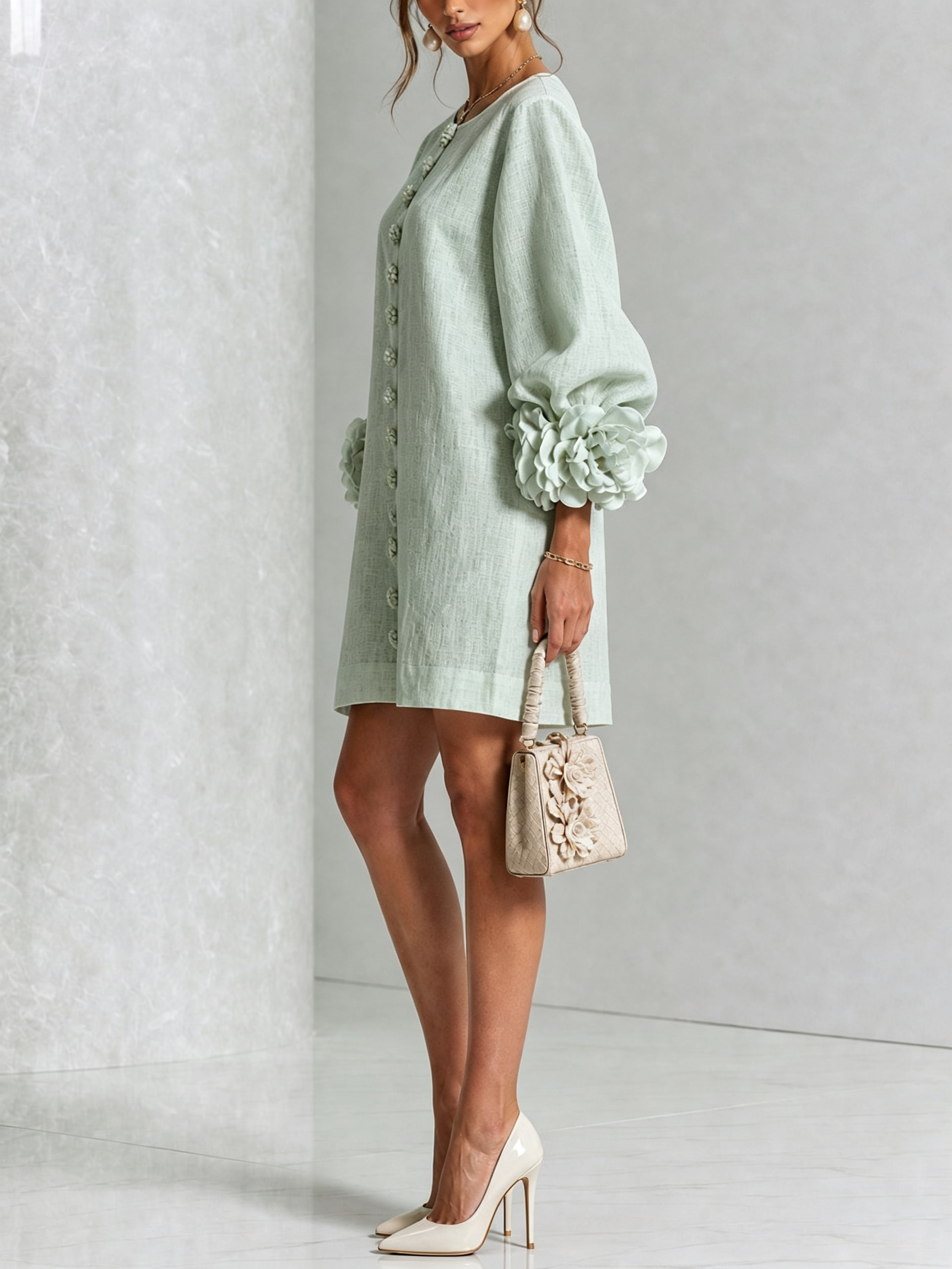 Floral Button-down Linen Blend Mini Dress With Striking Floral Cuffs