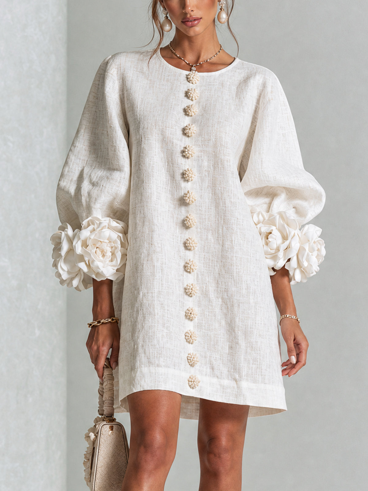 Floral Button-down Linen Blend Mini Dress With Striking Floral Cuffs
