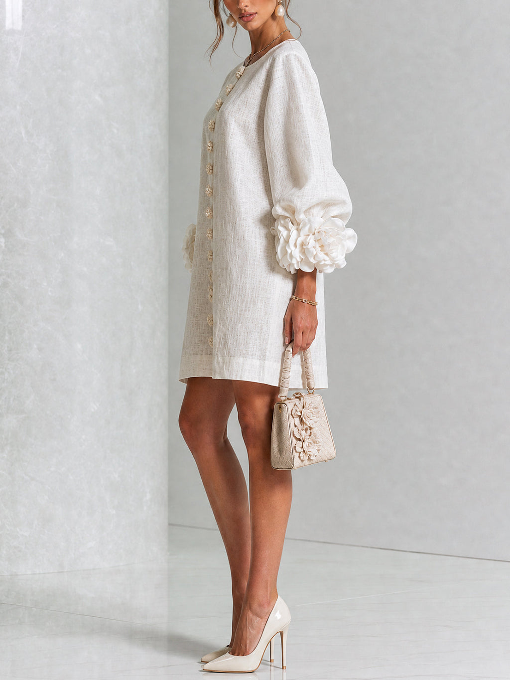 Floral Button-down Linen Blend Mini Dress With Striking Floral Cuffs
