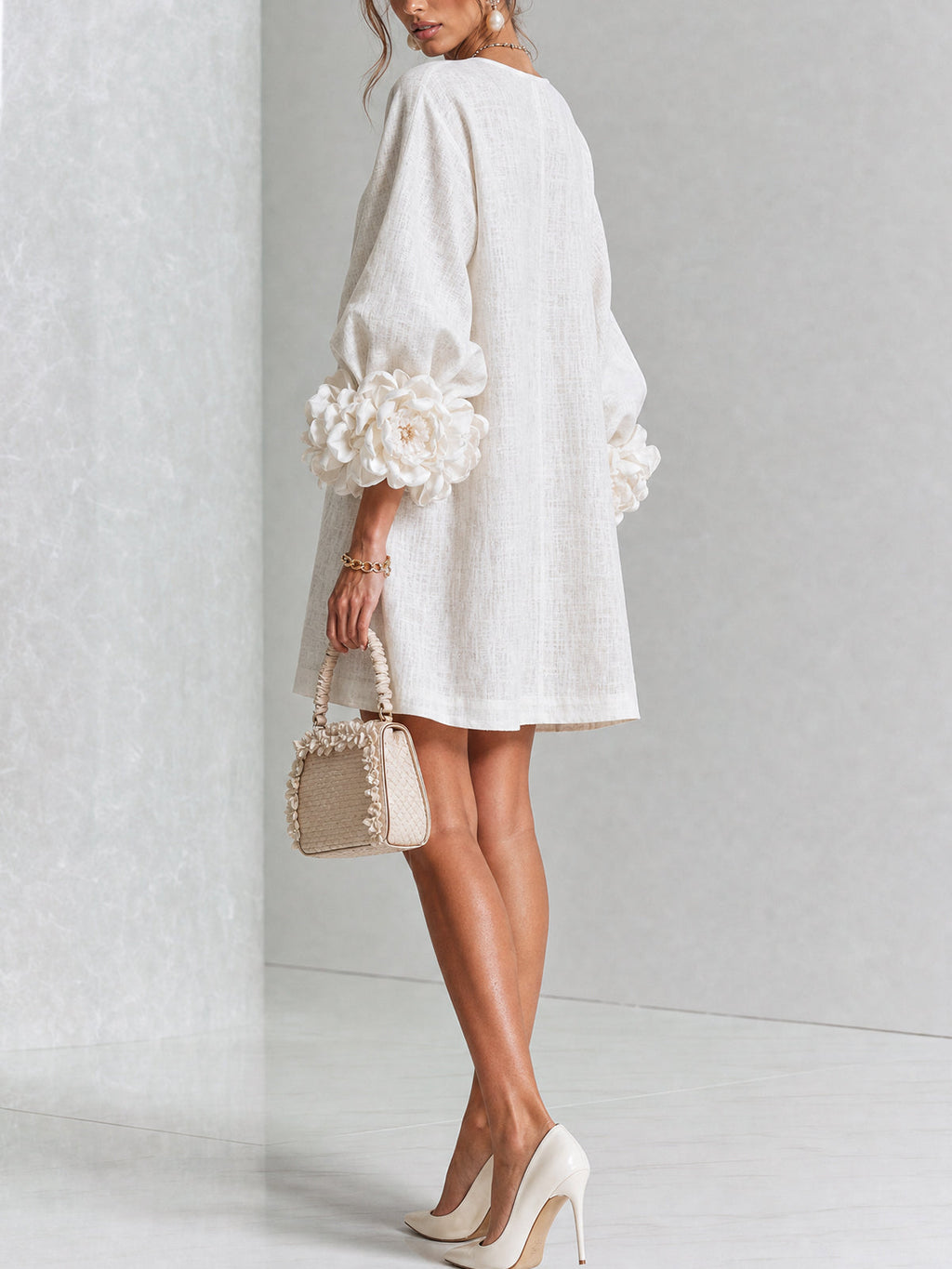 Floral Button-down Linen Blend Mini Dress With Striking Floral Cuffs