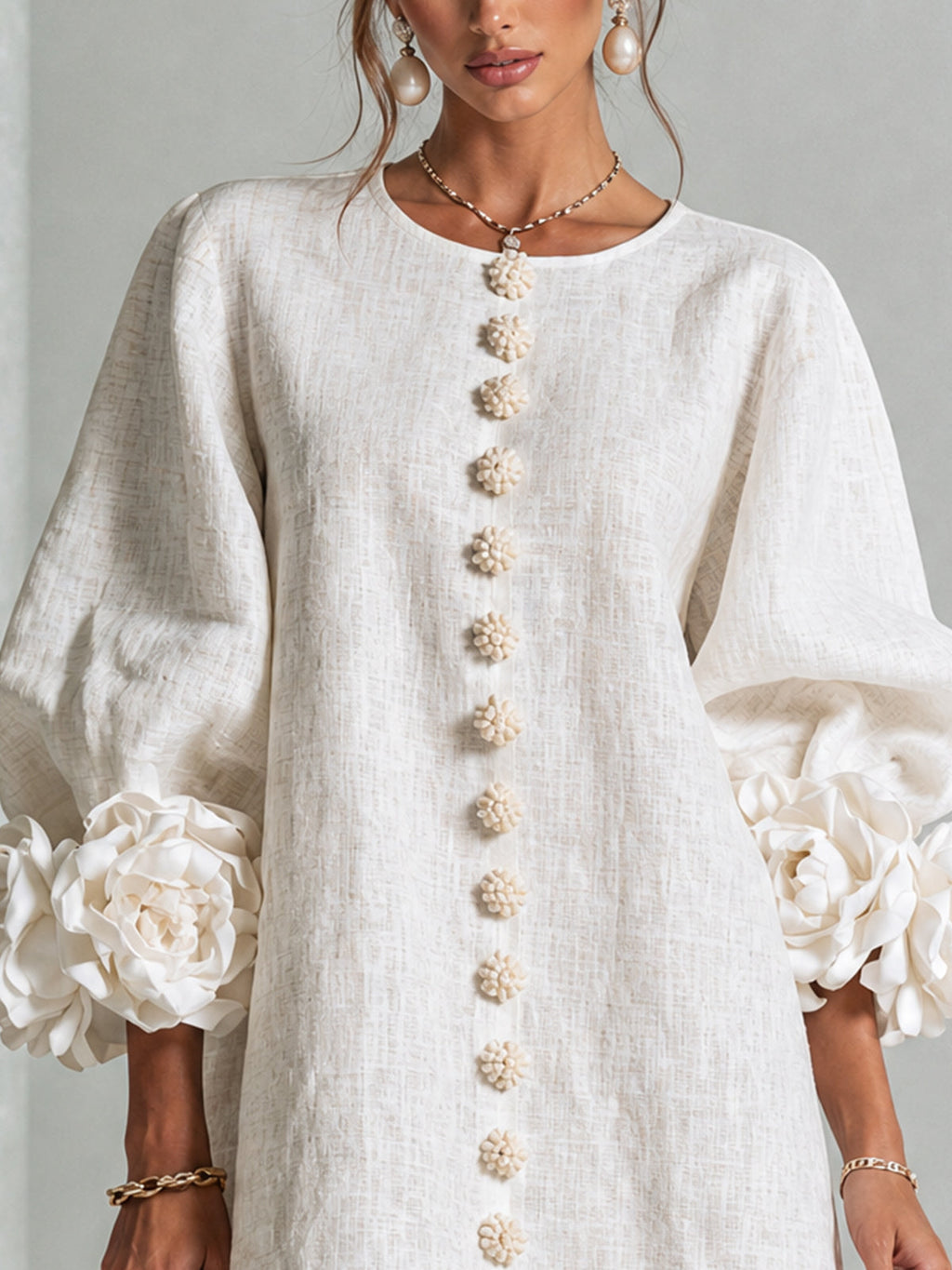 Floral Button-down Linen Blend Mini Dress With Striking Floral Cuffs