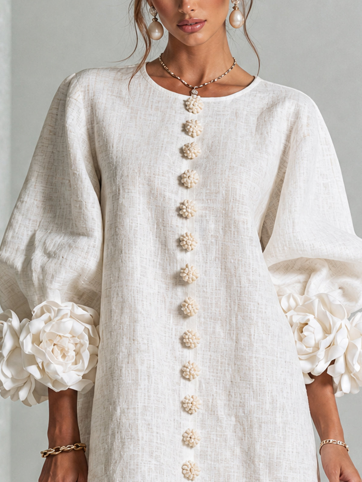 Floral Button-down Linen Blend Mini Dress With Striking Floral Cuffs