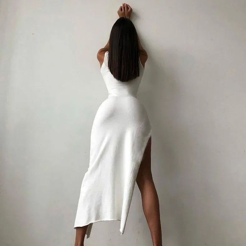 A New Me Chic White High Split Midi Dress